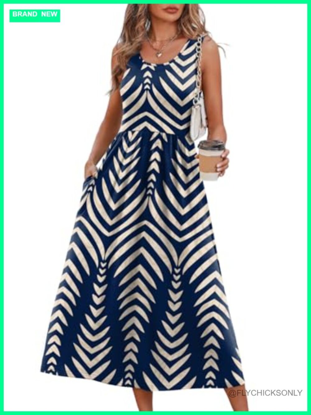 Womens Sleeveless Scoop Neck A-Line Midi Beach Sundress with Pockets